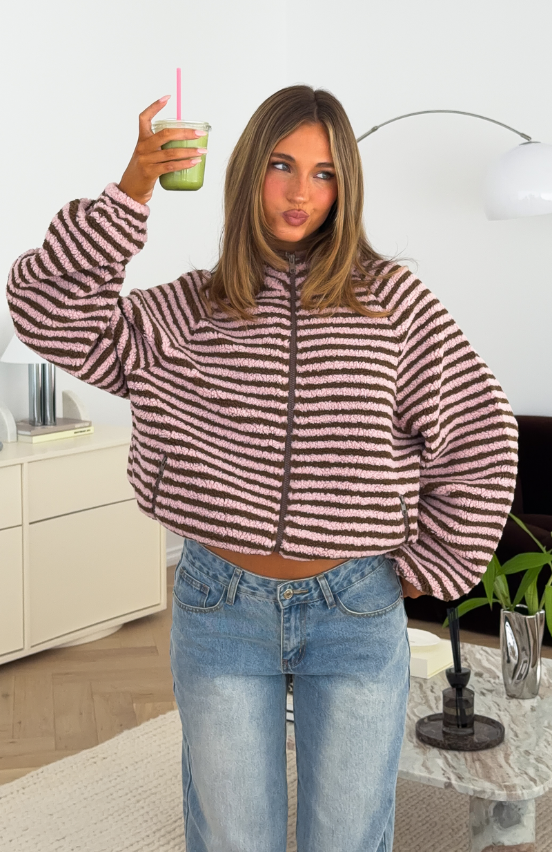 Everything Moves Forward Fleece Zip Front Sweater Pink Stripe
