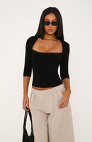 Light Layers Lace Trim 3/4 Sleeve Top Black