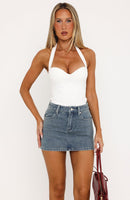 Peachy Keen Mid Rise Denim Mini Skirt Brown Blue Acid Wash