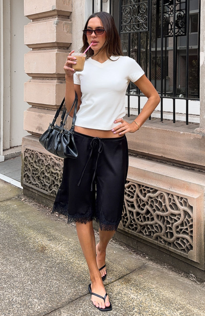Right Direction Lace Trim Satin Shorts Black
