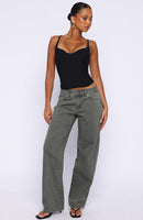 Bring The Style Low Rise Wide Leg Jeans Olive Wash