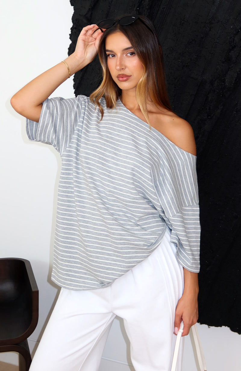 Give Me Options Off Shoulder Tee Grey/White Stripe