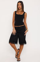 Right Direction Lace Trim Satin Shorts Black