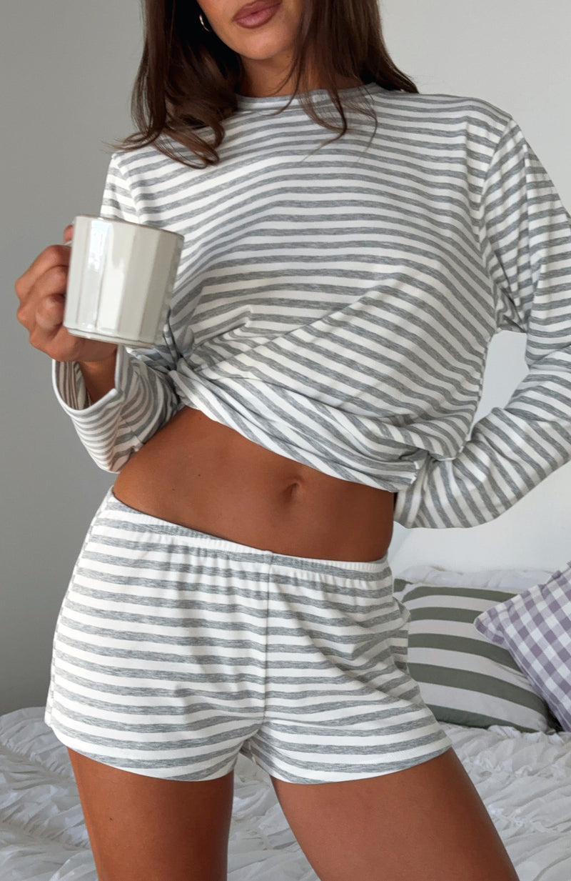 Slow Life Pyjama Shorts Grey/White Stripe
