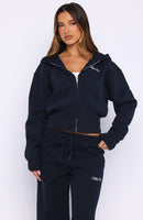 Wishing For It Cropped Cinched Zip Front Hoodie Navy